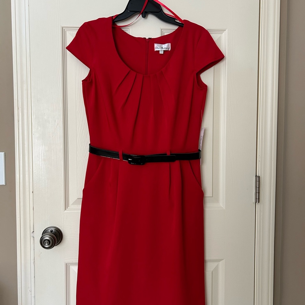 New With Tags-Red Midi Dress with Black Belt for Women.. It Has Pockets